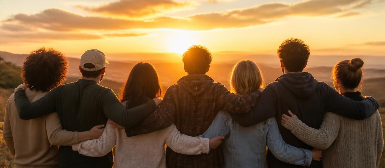Grupo de pessoas abraçadas olhando o pôr do sol